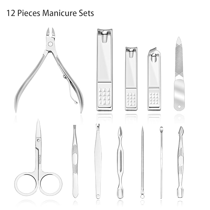 ZIZZON Manicure, Pedicure Kit, Nail Clippers Set of 12Pcs, Professional Grooming Kit, Nail Tools with Luxurious Travel Case Black