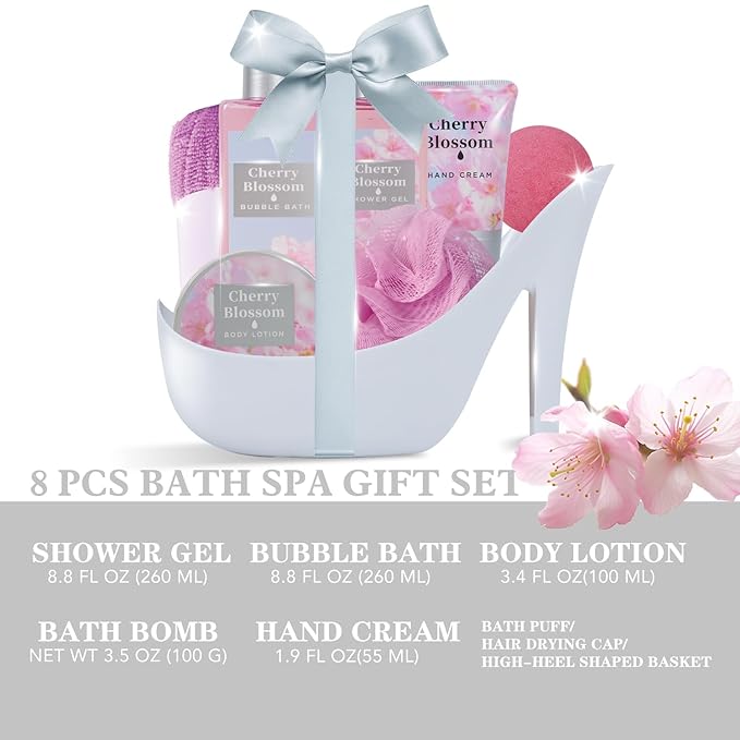 Cherry Blossom Gifts for Women Spa Basket, High Heel Bath Set with Shower Gel & Bath Bombs, Mother's Day Birthday, Anniversary Gifts for Mom, Sister, Bestie