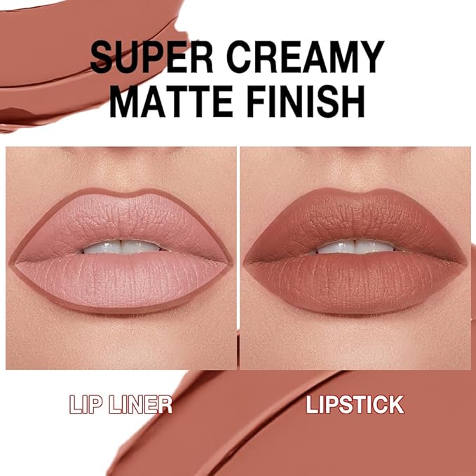 evpct Light Brown Gradient Matte Lipstick Lip Liner Crayon Combo Pencil Set for Women Long Lasting Waterproof, Nude Brown Matte Cream Lip Liner and Lipstick Combo Makeup, Flawless Gradual Ombre Effect