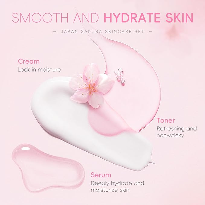 Skin Care Set JAPAN SAKURA Women Beauty Gift Sets Skin Care Kit with Cleanser, Toner, Lotion, Serum, Eye Cream, Face Cream Travel Kit for Women Teen Girls Mom Daughter TSA-friendly Sizes 6pcs