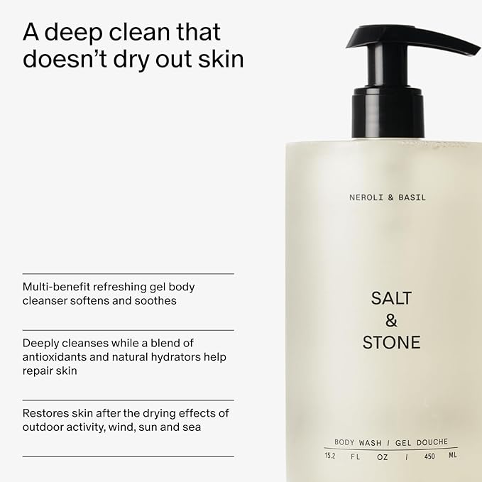 Salt & Stone Body Wash with Antioxidants for Deep Moisture | For Women & Men, Sulfate, Paraben, & Dye Free, Leaving Skin Soft and Hydrated (Neroli & Basil 32 fl oz)