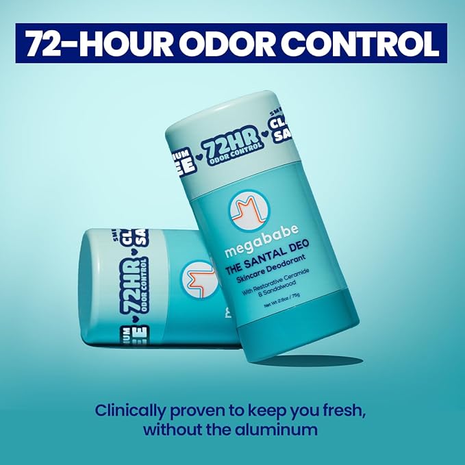 Megababe Skincare Deodorant - The Santal Deo with 72 hour Odor Protection | Restorative Ceramide & Sandalwood | Aluminum-Free, All Natural | 2.6 oz