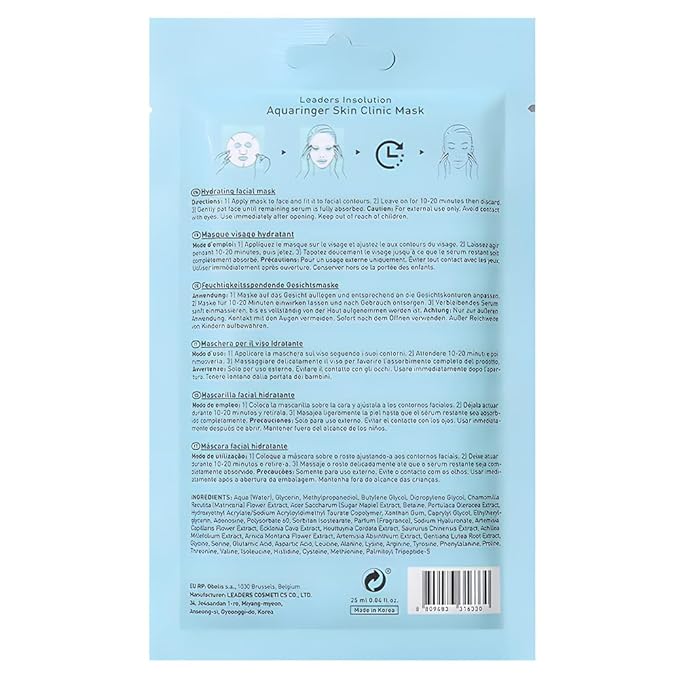 Leaders Insolution Aquaringer Skin Clinic Mask | Intense Hydration Treatment Mask with Swiss Glacial Water & Power Peptides | Moisturizing & Firming for Dry Skin, Fine Lines (10 Sheets)