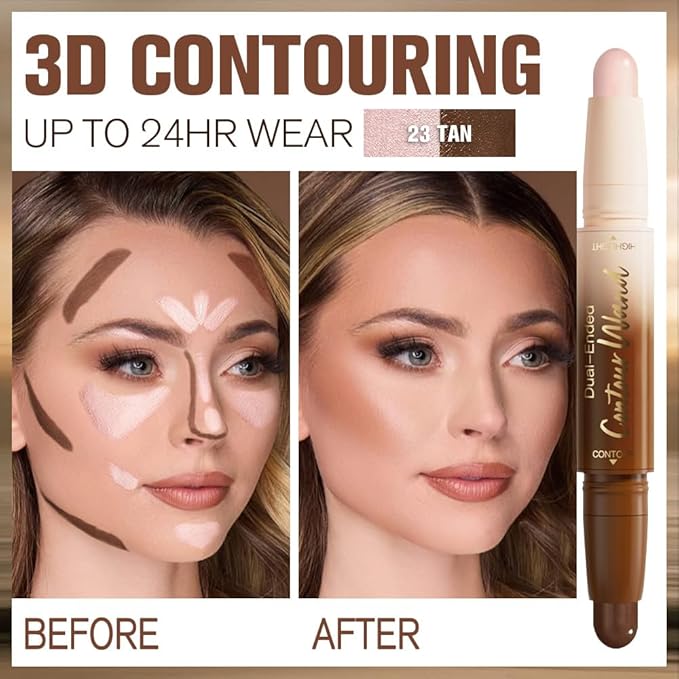 2Pcs Cream Contour Stick Face Body Makeup Dual Ended, Nuetral Nude Beige & Darker Nude Pink no Transfer Waterproof 2 in 1 Cream Concealer Stick Contouring Makeup Set, Face Nose Contour Bronzer Sticks
