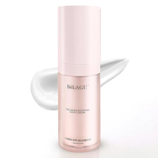 BeLagu Collagen Boosting Night Cream with Bakuchiol & Adaptogenic Mushrooms - Natural Retinol Alternative Moisturizer for Firming, Smoothing & Stress Defense - Vegan Skincare Face Cream (1 fl oz)