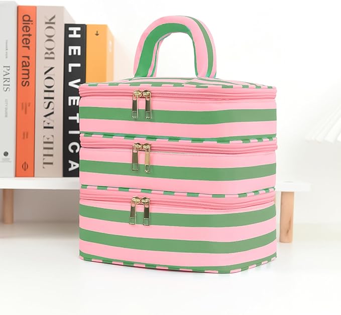 Three Layer Makeup Bag for Women Fashion Stripes Cosmetic Bag Preppy Style Travel Water-Resistant Toiletry Bag for Storage Toiletries Cosmetics Sets for Women Teen Girls Green