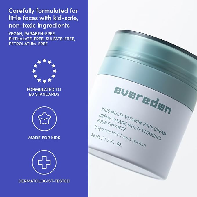 Evereden Fragrance-Free Kids Face Cream: 1.7 oz. | Unscented Face Lotion | Clean and Non-Toxic Face Moisturizer | Multi-Vitamin Unscented Skin Care for Kids