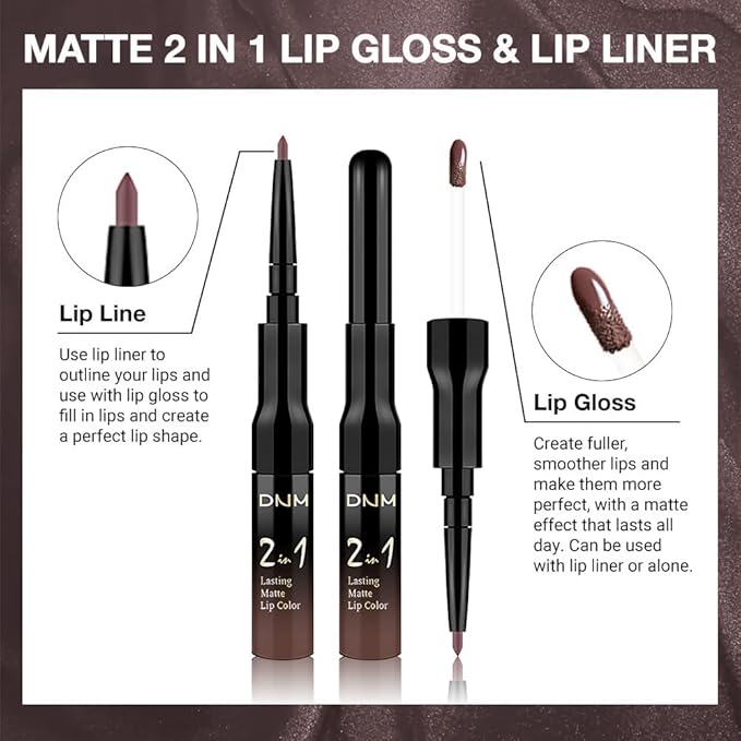 1Pcs 2 in 1 Dark Deep Brown Chocolate Matte Lip Liner and Liquid Lipstick Stain Makeup Set for women, Long Lasting Smudge Proof Lip Tint Matte Finish Lip Gloss for All-Day Color Hold Easy to Use 06#