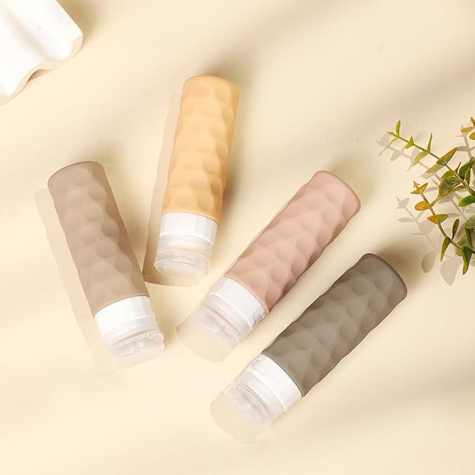 Travel Bottles for Toiletries, 4pcs Tsa Approved 3oz Travel Size Containers, BPA Free Leak Proof Premium Silicone Bottles, Refillable Liquid Squeezable Accessories W/Toiletry Bag（Apricot）