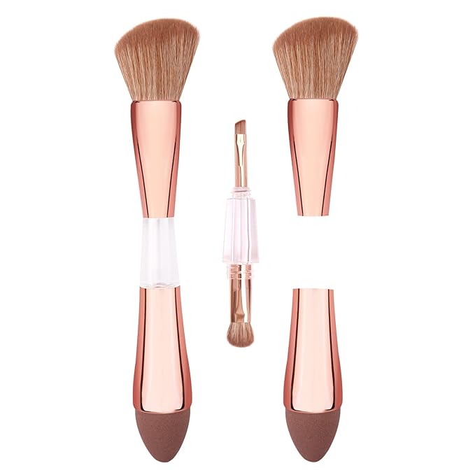 Raffaello 4-in-1 Travel Makeup Brush, Multi-use Makeup Sponge, Eyeshadow, Eyebrow, Liner & Blush Blending Brush for Foundation, Concealer, Powder, Vegan, Dual-Ended Make Up Brush Set (1pcs RoseGold)