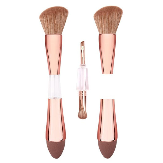 Raffaello 4-in-1 Travel Makeup Brush, Multi-use Makeup Sponge, Eyeshadow, Eyebrow, Liner & Blush Blending Brush for Foundation, Concealer, Powder, Vegan, Dual-Ended Make Up Brush Set (1pcs RoseGold)