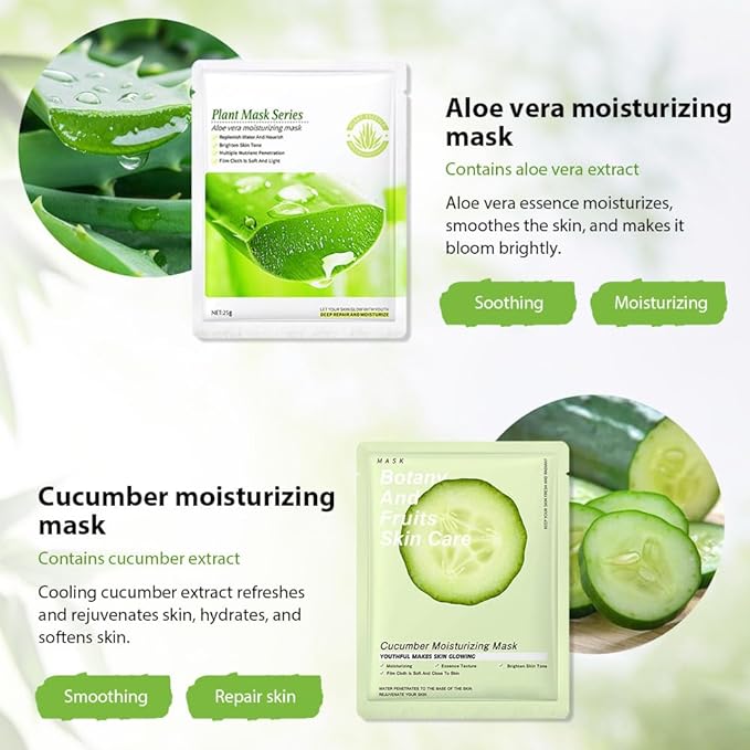 6 PCS Real Hydrating Avocado Honey Pomegranate Aloe Vera Nature Face Masks Skincare, Hyaluronic Acid, Vitamin C and E, Korean Beauty Essence Facial Paper Sheet Mask for Skin Care Moisturizing