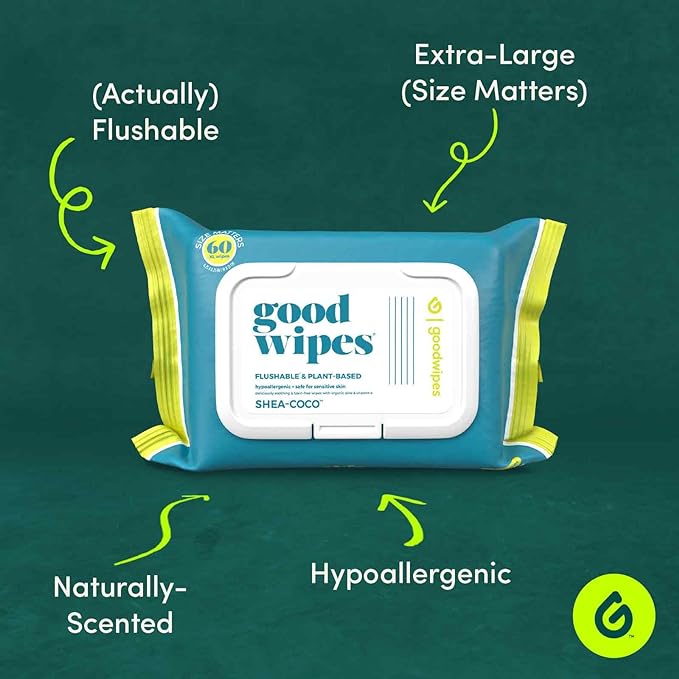 Goodwipes Flushable Wipes – Made with Vitamin E & Aloe – Soft, Individually Wrapped Butt & Feminine Cloths for On-the-Go & Travel Use – Largest Adult Toilet Towelettes – Shea-Coco, 1 pack, 32 count