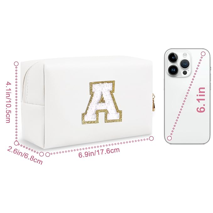 Small Personalized Initial A-Z Preppy Patch Makeup Bag,White PU Chenille Letter Travel Cosmetic Pouch with Zipper,Cute Toiletry Bag,Gift Ideal for Teen Girls Women Teacher Bridesmaid,Letter A