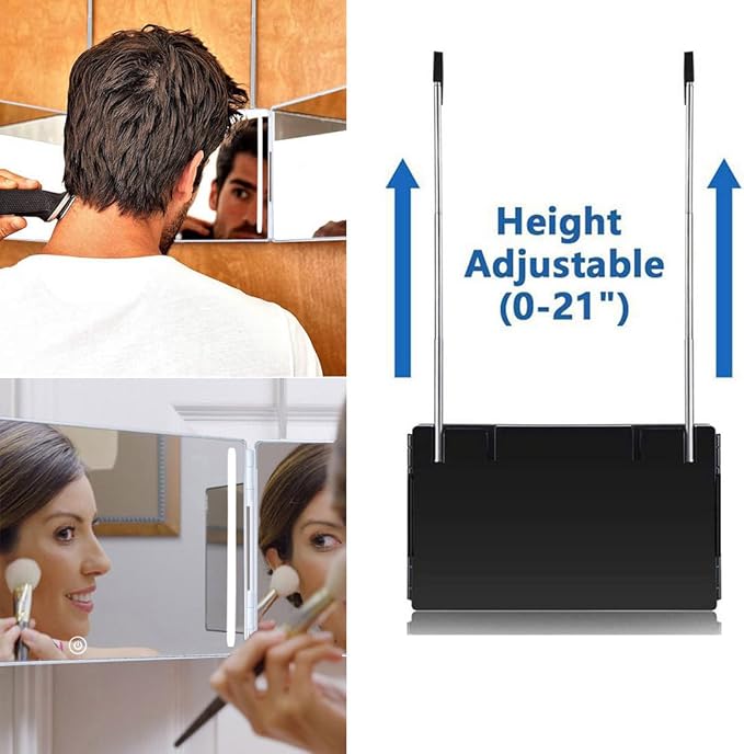 HIEEY 3 Way Mirror for Hair Cutting with LED,360 Trifold with Height Adjustable Telescoping Hooks,and 5X Magnification,for Makeup and Styling (Black)
