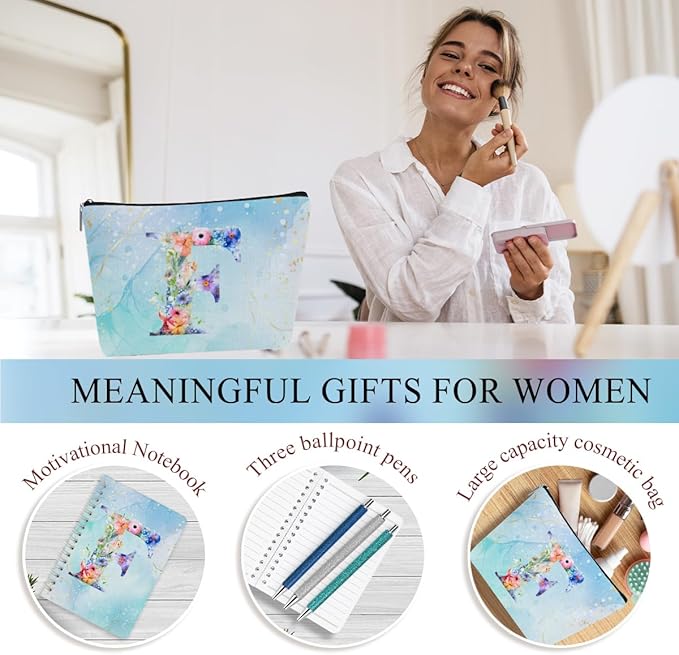 Personalized Gifts Monogrammed Birthday Gifts for Women, Aunt Grandma Retirement Christmas Initial 20 oz Tumbler, Makeup Bag Cup Ballpoint Pens Journal Notebook 6 Set, (Aesthetic Blue Flower F)