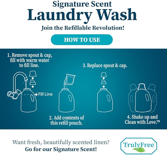 Truly Free Natural Laundry Detergent for Sensitive Skin | Eco Friendly, Plant Based, Baby Clothes Safe | Clean & Easy Powder to Liquid, 5 Pack Detergent + 1 Refillable Jug | Signature Scent 250 Loads
