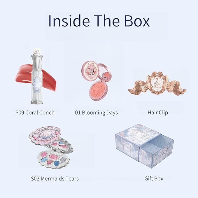 Flower Knows Tide & Twilight Treasures 5 Pack Makeup Gift Set,Lip Glaze*1+Blush*1+Eyeshadow*1+Hair Clip*1+Gift Box*1,Perfect Makeup Gift for Girls & Women