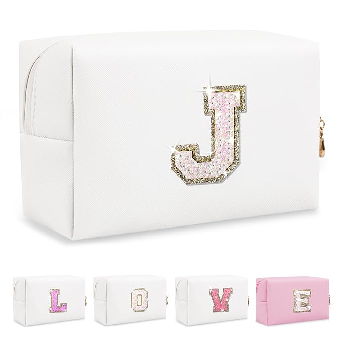 Small Initial Patch Makeup Bag Personalized Gifts Make Up Bag,White Cute PU Leather Glitter Letter Cosmetic Bag with Zipper,Trendy Portable Travel Toiletry Pouch,Preppy Stuff for Teen Girls Women J