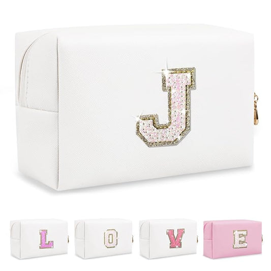 Small Initial Patch Makeup Bag Personalized Gifts Make Up Bag,White Cute PU Leather Glitter Letter Cosmetic Bag with Zipper,Trendy Portable Travel Toiletry Pouch,Preppy Stuff for Teen Girls Women J