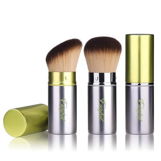 Retractable Kabuki Makeup Brushes 2 Pcs Blush Brushes Set Portable Powder Brushes with Flat and Angled Top for Liquid Cream Cosmetics Travel. (Silver Green)