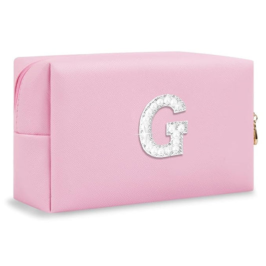 ChaoGreat Bride Gifts – Personalized Initial Makeup Bag with Pearl Rhinestone Patch, Preppy Pink Monogram Cosmetic/Toiletry Pouch, bridesmaid Gifts, Bridal Shower Gifts, Wedding Gifts, Bridal Gifts,G
