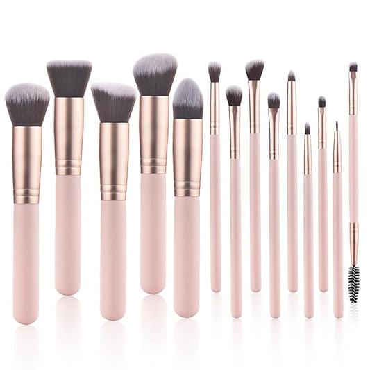 14 Piece Pink Makeup Brushes-Wooden Handle with Soft Synthetic Bristles,for Face & Eye Makeup|Professional Makeup Brushes set for Women & Girls|