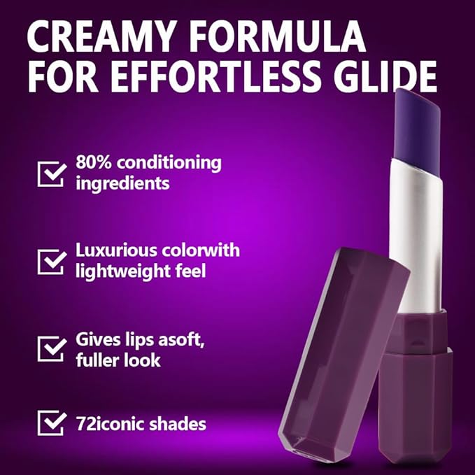 Violet Purple Matte Creamy Lipstick for Women, Longwear Lip Gloss Face Paint Stick, Lip Stick Stain Long Lasting Waterproof Easy Application Full Coverage Velvet Gloss for Party Halloween Makeup 11