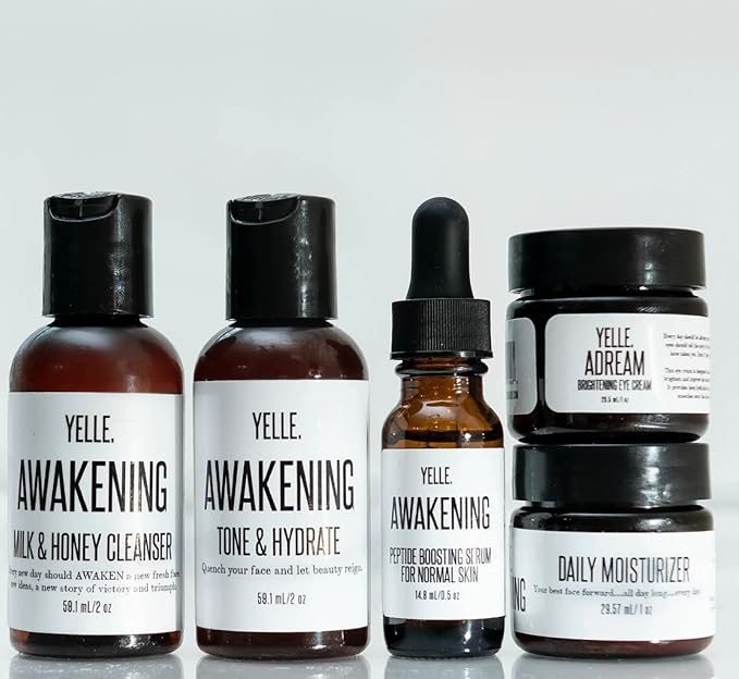 Yelle. Skincare – Complete Skincare System – 5-Piece Travel Kit for Hydration, Brightening, and Skin Balance – Includes Cleanser, Toner, Moisturizer, Serum & Eye Cream – For Dry Skin