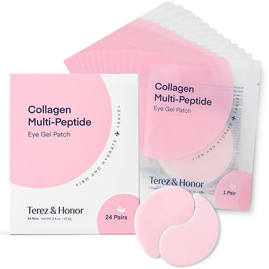TEREZ & HONOR Peptide Collagen Hydrogel Eye Patches - 24 Pairs Korean Under Eye Masks for Puffy Eyes, Dark Circles, Wrinkles & Undereye Bags - Firming, Hydrating, Travel & Gift Ready Skincare Eye Pads