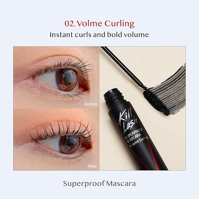 CLIO Kill Lash Superproof Mascara, Waterproof Mascara Black, Volumizing for Natural Curling Eyelash, Long-Lasting, Clump & Smudge-Free, for Sensitive Eyes, Korean Makeup Beauty (002 Volume Curling)