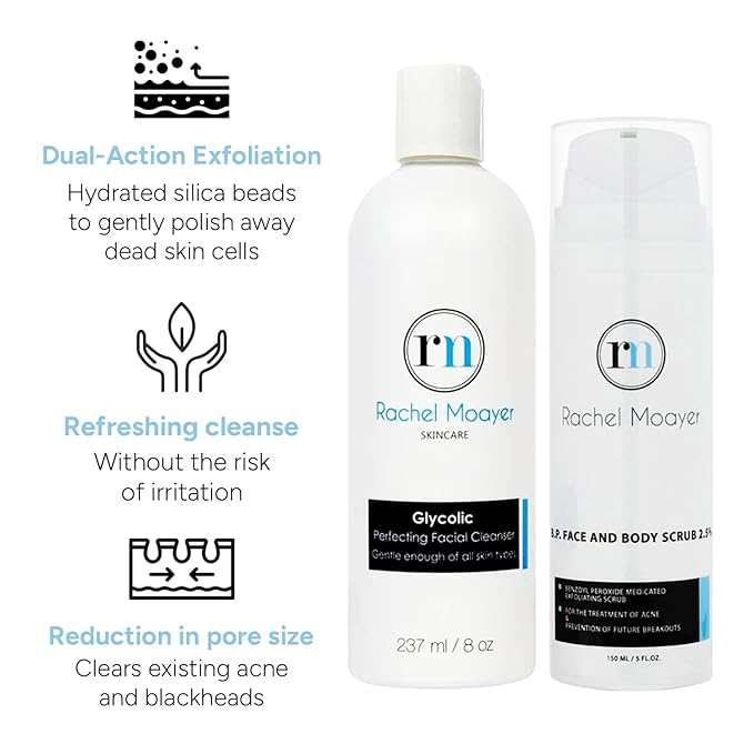 Rachel Moayer Skincare Cleansing Essentials Bundle includes RM Perfecting cleanser and RM BP Face & Body Scrub 2.5%