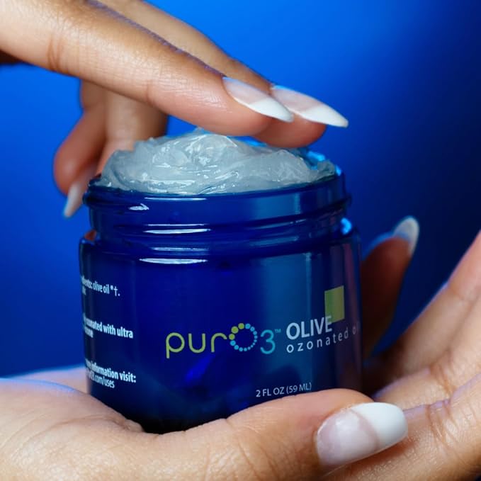 PurO3 Ozonated Olive Oil – Pure, Natural, Organic Skincare for Face & Body – Oxygenated Healing Lotion, Moisturizer & Beauty Cream in a Glass Jar – O3 Therapy Salve, 2 oz