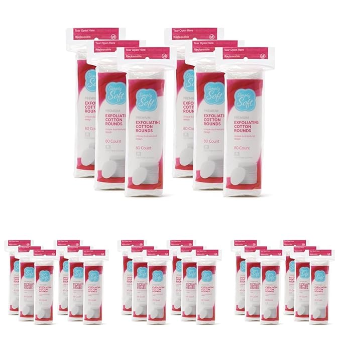 Simply Soft Hypoallergenic Exfoliating Dual Textured Cotton Rounds Pads, 80 Count (Pack of 24)