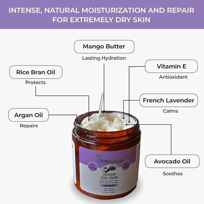 RaGaNaturals Natural Face and Body Butter Cream for Dry Skin - Calming, Nourishing & Hydrating Lavender Body Cream for Women, Men & Kids - Softens Skin and Delivers Healthy-Looking Glow - Vegan - 8 Oz