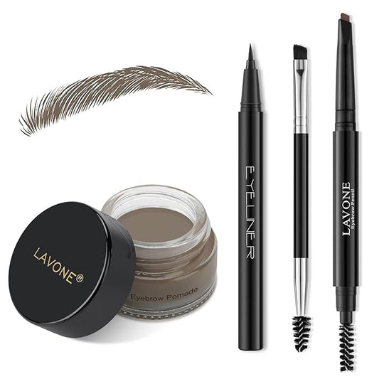 LAVONE Eyebrow Stamp Pencil Kit - Makeup Brow Stamp Trio with Waterproof Eyebrow Pencil, Eyeliner, Pomade, Dual-ended Brush - Dark Gray