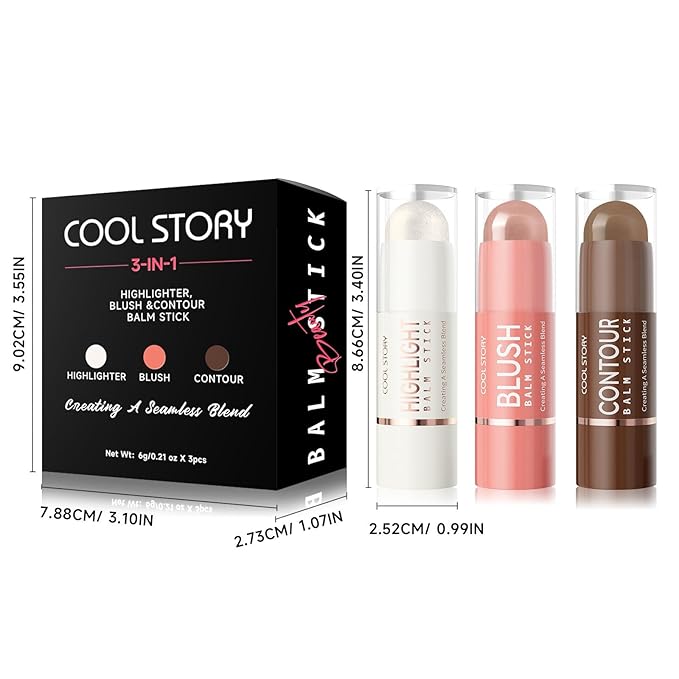 3-in-1 Highlighter,Blush and Contour Sticks Trio with Highlighter Stick Contour Stick and Blush Stick for Cheeks and Face Makeup (Set B Medium)