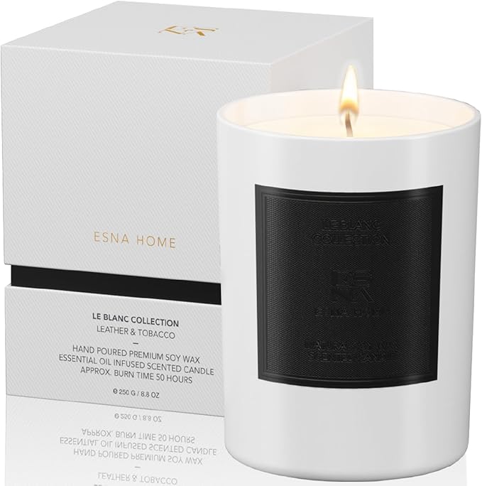 Scented Aromatherapy Candle Lavender Essential Oil All Natural Soy Wax Leather & Tobac Highly Scented Candles for Home Christmas Gifts for Men Anniversary for Him Office Decor Gift Ideas 8.8oz 50hrs