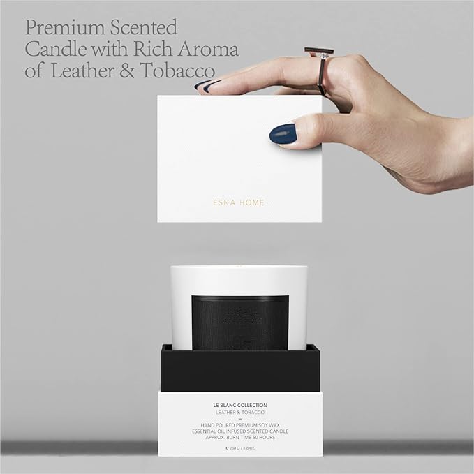 Scented Aromatherapy Candle Lavender Essential Oil All Natural Soy Wax Leather & Tobac Highly Scented Candles for Home Christmas Gifts for Men Anniversary for Him Office Decor Gift Ideas 8.8oz 50hrs