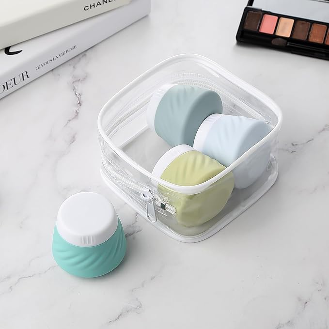 Gemice BPA-Free Silicone Travel Cream Jars with Clear Bag, Leak-proof Toiletries Containers for Cosmetic Face Body Hand Cream (4 Pack)