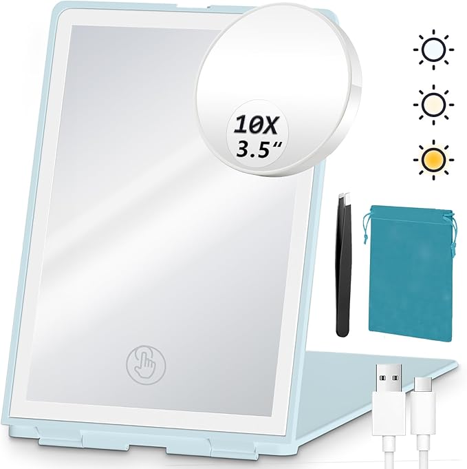 Travel Makeup Mirror with Light, Rechargeable Portable Folding Compact Mirror Set with Tweezer, Lighted Makeup Mirrors with 72 LED 3 Color Light Modes, Dimmable Touch Screen LED Mirrors-Cyan