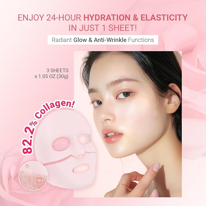 tenzero Rose Peptide Collagen Mask Pack (3 Sheets x 30g), Overnight Hydrogel Mask, Deep Hydrating, Elasticity Enhancing, Anti Wrinkle Lifting, Firming, Nourishing with Collagen, Rose Peptides