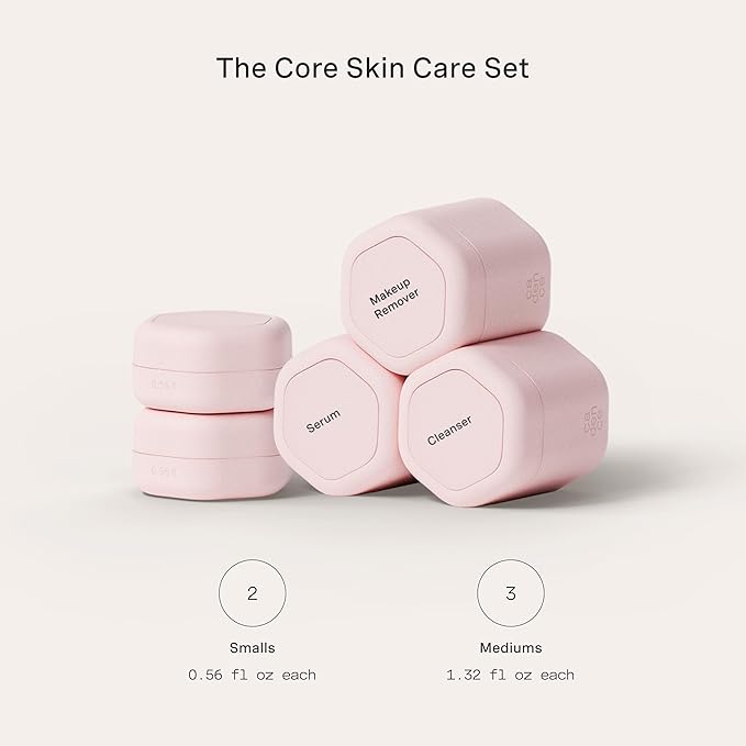 Cadence Travel Containers - Core Skincare Set - Magnetic Containers with Lids,2 Small (0.56oz) & 3 Medium (1.32oz) - Cleanser, Moisturizer, Serum, Makeup Remover & Sun Icon Labels - Petal