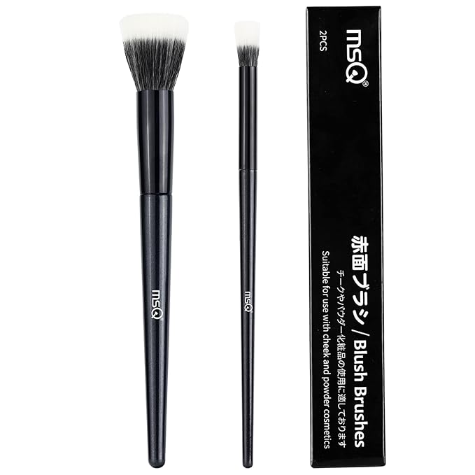 MSQ Stipple Blush Brushes, 2PCS Duo Fiber Stippling Brush Flat Top Double Stipple Makeup Brush, Great for Blending, Highlight, Blush,Contour, Cream, Foundation,Smooth & Natural (Black Stipple)