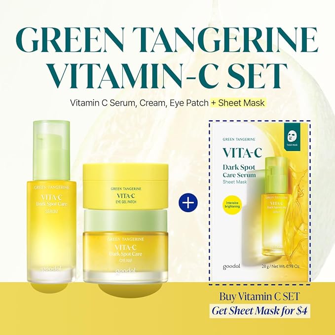 GOODAL Green Tangerine Vitamin C Glow Kit – Serum, Cream & Eye Patch Set | Korean Skincare for Dark Spots & Radiance | Get Sheet Mask 5-Pack for $4 with Bundle Purchase