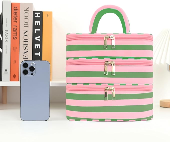 Three Layer Makeup Bag for Women Fashion Stripes Cosmetic Bag Preppy Style Travel Water-Resistant Toiletry Bag for Storage Toiletries Cosmetics Sets for Women Teen Girls Green