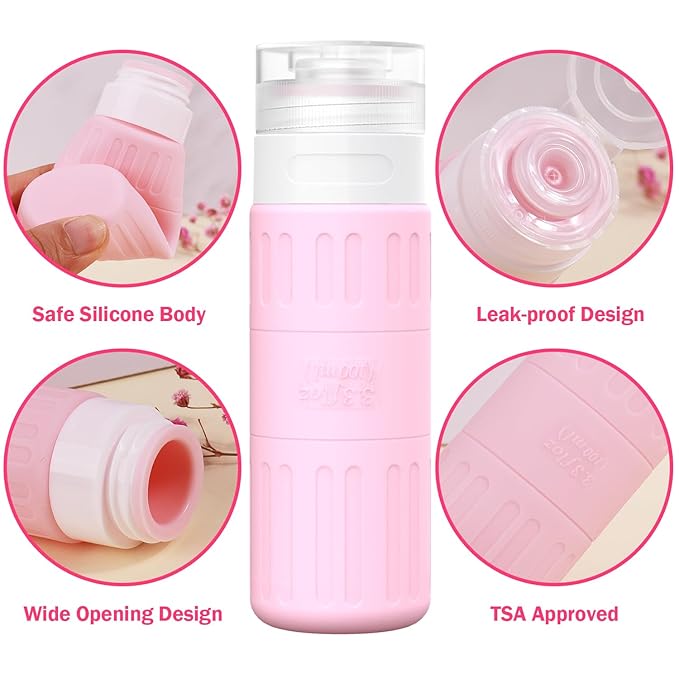 GLAMFIELDS Travel Bottles for Toiletries,TSA Approved 3.3oz Size LeakProof Silicone Toiletry Containers for Shampoo, Conditioner,Easy to Squeeze，Portable Travel Essentials for Lotion(18 Pack) Macaron