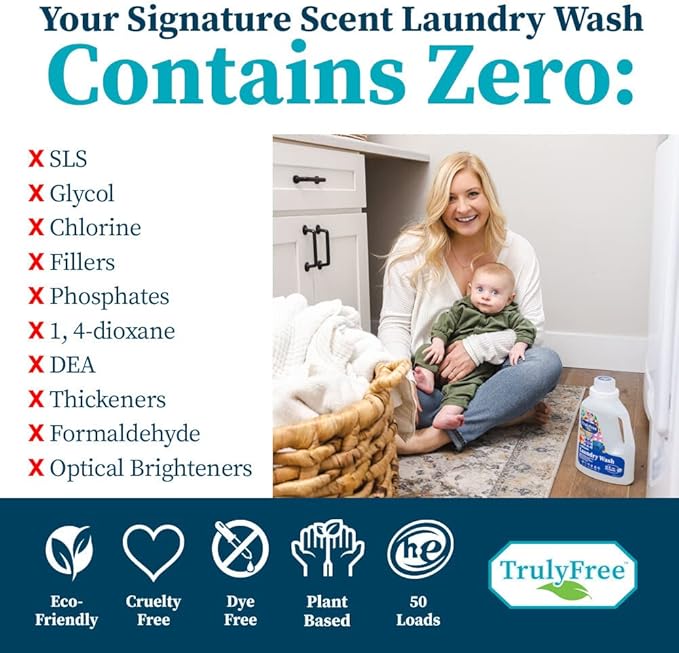 Truly Free Natural Laundry Detergent for Sensitive Skin | Eco Friendly, Plant Based, Baby Clothes Safe | Clean & Easy Powder to Liquid, 4 Pack Refill Detergent, NO Jug | Signature Scent, 200 Loads