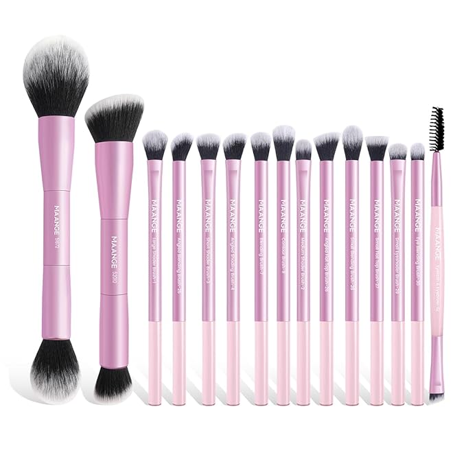 MAANGE 15 PCS Makeup Brushes Double-ended Makeup Brush Set Double Sided Angled/Round Top Brush Foundation Contour Blending Eyebrow Eyeshadow Concealer (Pink)