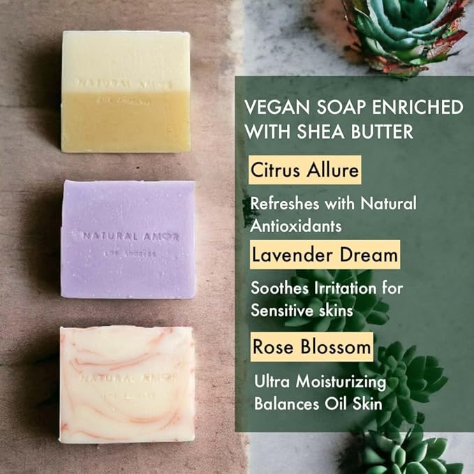Natural Amor Handmade Soap Bar Set 3 Pk, Made with Natural Ingredients, No Harsh Chemicals, Soap Gift Sets for Women, Handcrafted Atisan Soaps, 3.5oz each